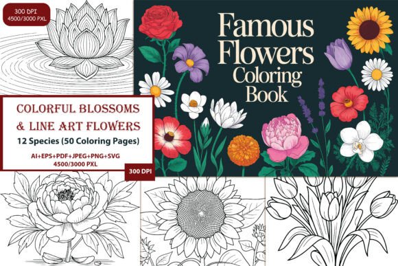 12 Flowers – 50 Page Coloring Set Graphics and Coloring Pages Review