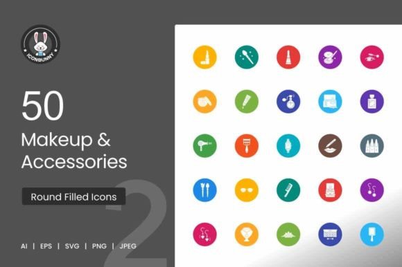 50 Makeup Accessories Flat Round Icons for Graphics