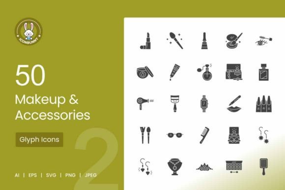 50 Makeup Accessories Glyph Icons for Graphics and Icons