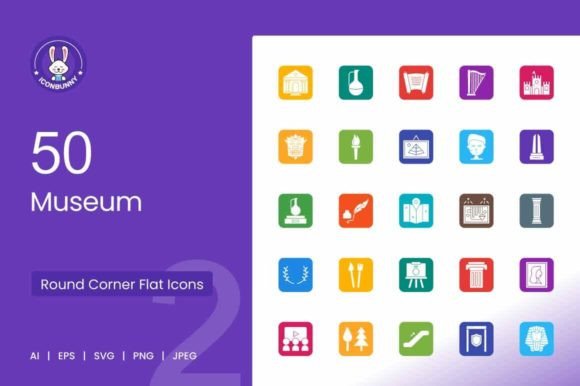 50 Museum Filled Round Corner Icons for Graphics and Crafts