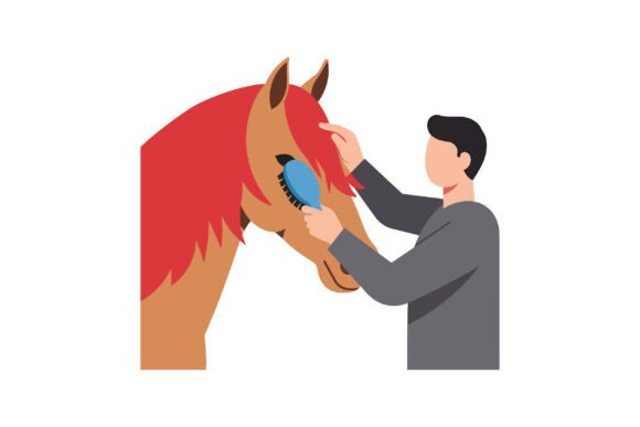 A Person Grooming a Horse with a Blue Br Graphics and Illustrations