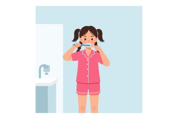 A Young Girl Brushing Her Teeth in a Pas Graphics and Illustrations