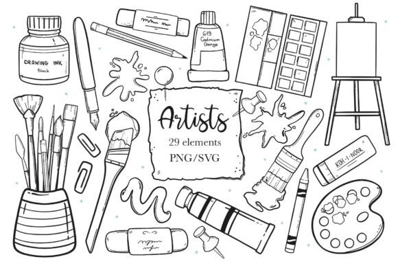 Art Supplies Doodle PNG SVG Graphics for Illustrations