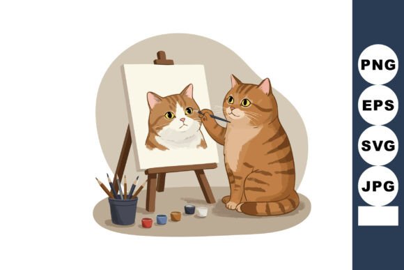 Cat Painting Self Portrait on Easel with Graphics and Illustrations