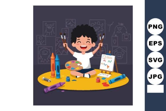 Child Painting with Brushes and Crayons Graphics