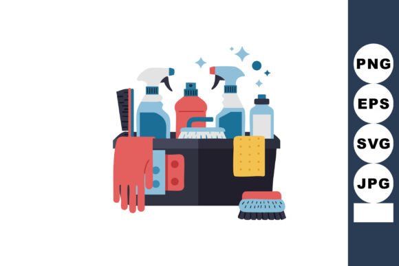 Cleaning Supplies with Brushes Gloves an Graphics for Illustrations