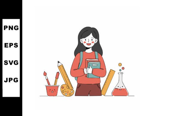Female Student Holding Books Surrounded Graphics & Illustrations