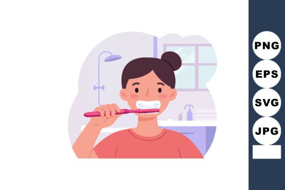 Girl Brushing Teeth in Bathroom Hygiene Graphics & Illustrations