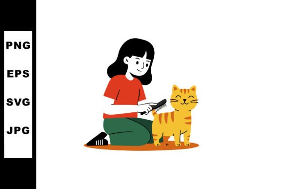 Girl Grooming Orange Tabby Cat with Brus
