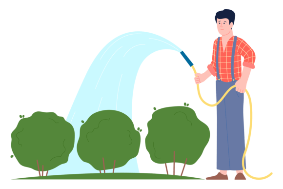 Man Watering Bushes from Hose. Gardening