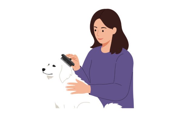 Woman Grooming Her Fluffy White Dog with Graphics