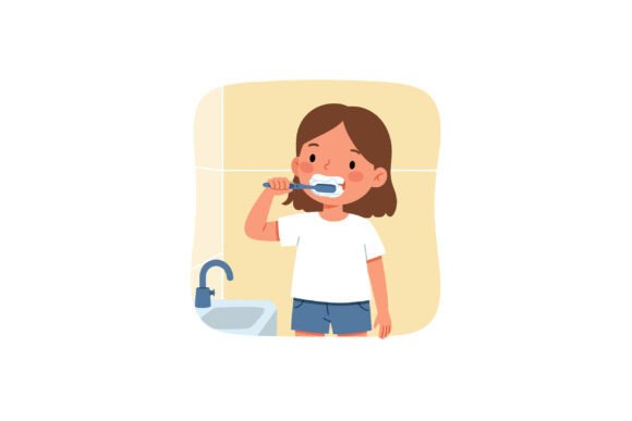 Young Girl Brushing Her Teeth in a Minim Graphics and Illustrations